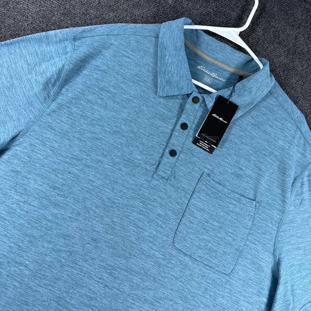 Eddie Bauer Polo Shirt Mens XXL 2XL Blue Heathered Moisture Wicking Pocket NWT